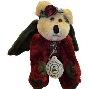Boyds Bears Celestina Angel Plush Ornament Burgundy Green Rose Silver Buttons